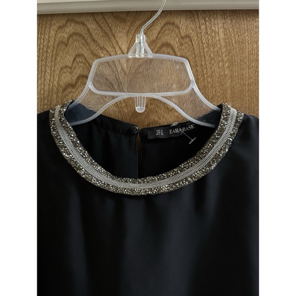 Zara Double Layer Black Blouse Short Sleeve Embellished Collar Preppy Sheer Sz S - Picture 7 of 8